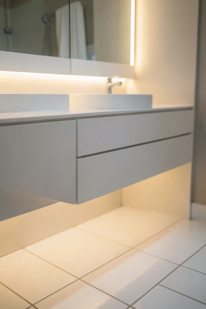 Warm white LED strip lighting glowing softly beneath a floating bathroom vanity in a small apartment, creating a spa-like ambient glow on the floor