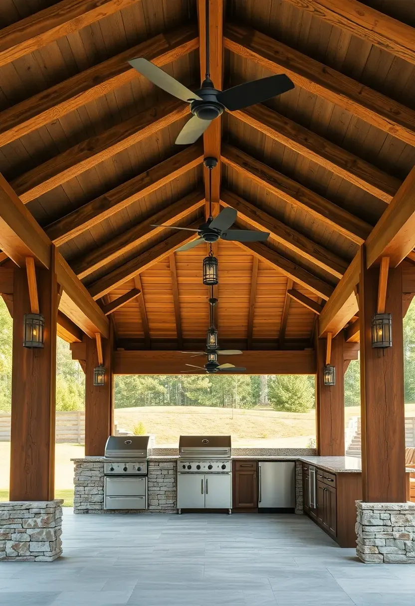 Large covered pavilion with a full outdoor kitchen including grill, sink, and refrigerator under a timber-frame roof