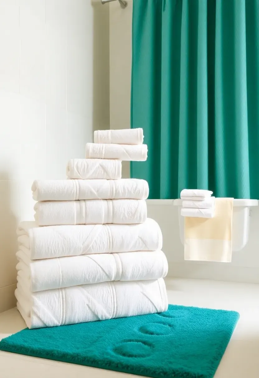 Neatly folded oat and white cotton towels on a chrome rack with plush bath mat in a cozy apartment bathroom