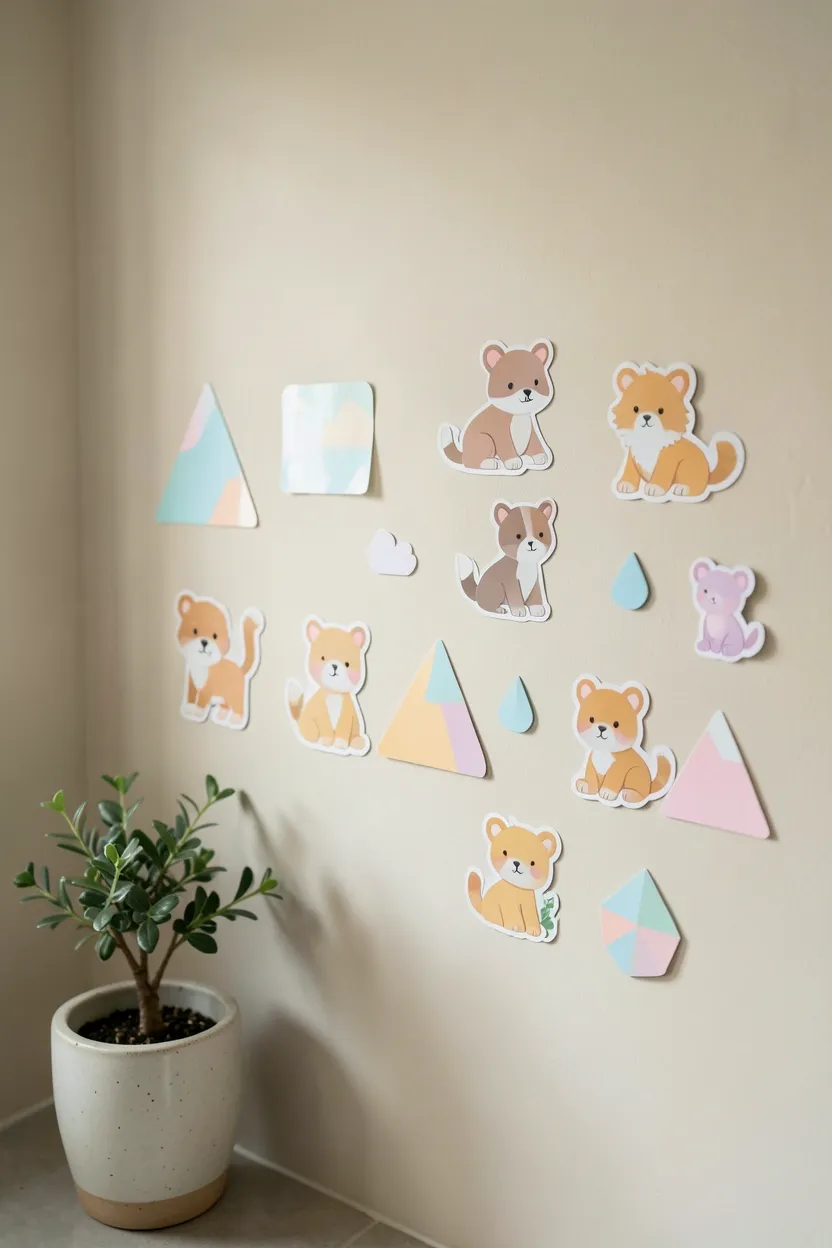 Colorful removable wall decals featuring cheerful animal shapes and botanical patterns applied at child height in a Toca Boca family bathroom