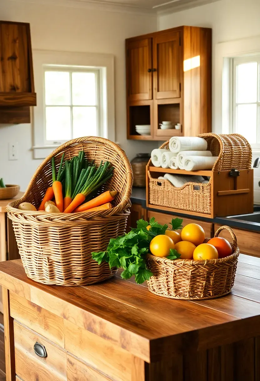 Hyper-realistic 3/4 view of woven baskets used for storage in a rustic kitchen. Large rattan basket on butcher block island holding fresh vegetables—carrots, potatoes, onions. Medium seagrass basket on open wooden shelf storing rolled kitchen towels and cloth napkins. Small woven cotton basket holding fresh fruit on counter. Reclaimed wood cabinets in background, creamy white walls. Warm natural light from windows highlighting basket textures. Materials: rattan, seagrass, woven cotton, reclaimed wood, walnut. Organic casual rustic mood. Visible kitchen context - island, shelving, all storage areas showing basket integration. Slight wear on basket edges from regular use, visible natural variations in weave. No text, no logos, no watermarks. Negative prompt: 