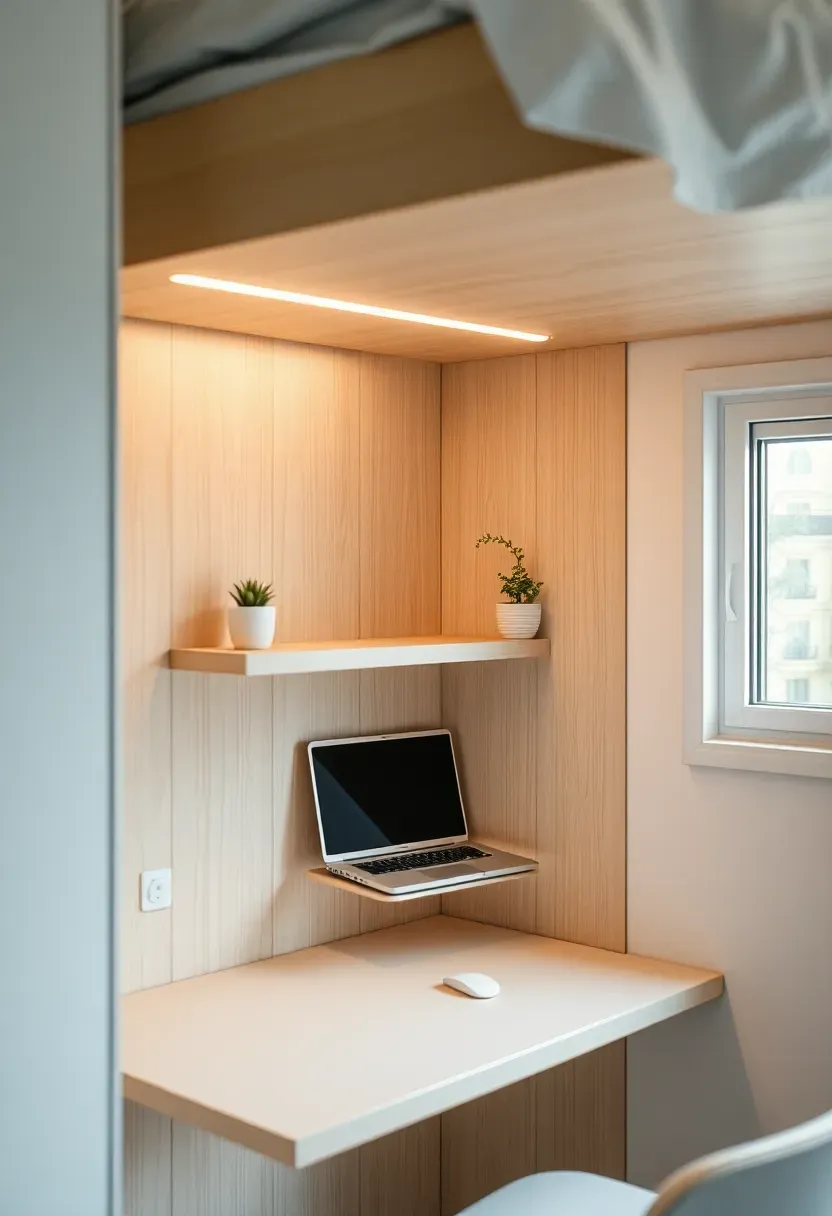 Tiny apartment desk under loft bed with fold-down birch panel, LED strip light and small trailing plant on mini shelf