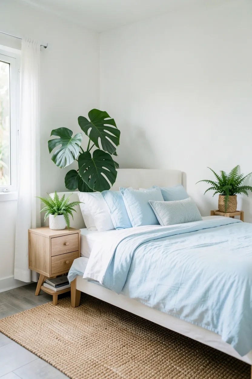 Tropical boho bedroom with layered greenery at different heights including a large monstera, pothos in macrame hangers, and terracotta pots