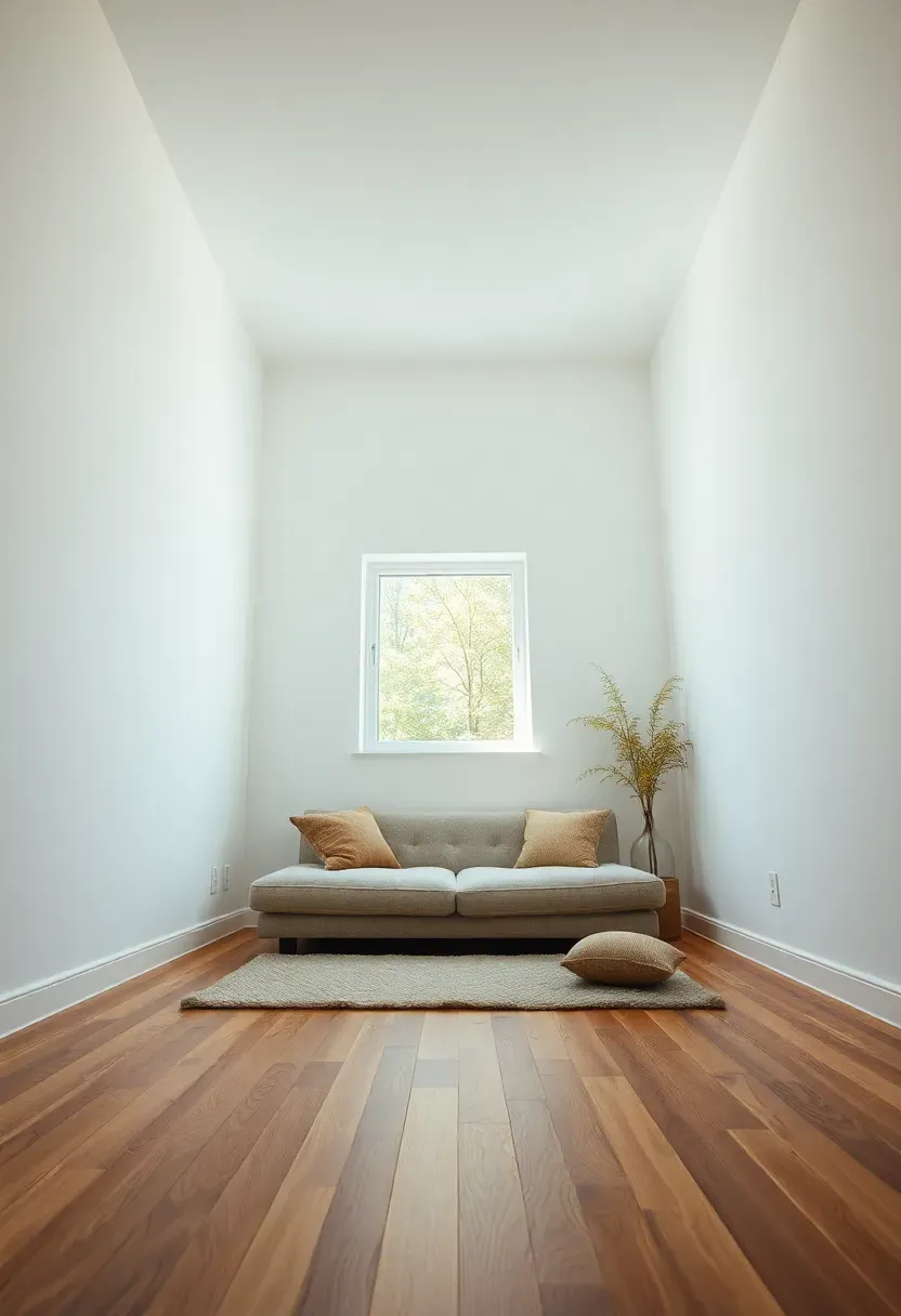 Hyper-realistic eye-level view of small minimalist living room featuring low platform seating, floor-sitting sofa or cushions, furniture sits close to ground leaving abundant wall visible above, white walls, oak floor, window, compact room. Materials: low upholstered platform, floor cushions, wool rug, oak floor, white walls. Natural light, spacious vertical mood. Low furniture enhancing perceived height, shallow depth of field, no text, no logos, no watermarks.</p>