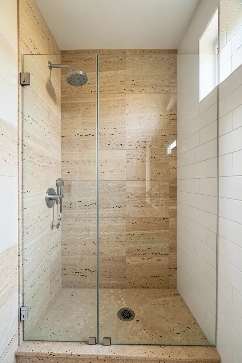 Hyper-realistic eye-level photograph of a modern earthy bathroom shower showing honed travertine tile surround with subtle beige and brown variations, tumbled edge details, glass shower door, chrome shower head, white subway tile walls outside shower. Natural light. Materials: honed travertine tiles with natural variations, tempered glass, chrome fixtures, white ceramic tiles. Warm earthy stone shower surround. Natural travertine texture. No text, no logos, no watermarks.</p>