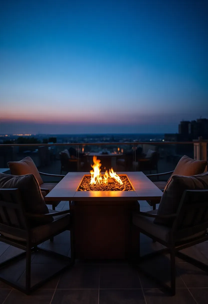 Rectangular fire table surrounded by four deep-seat lounge chairs on a terrace at dusk, flames reflected in glass wind guard, warm amber glow