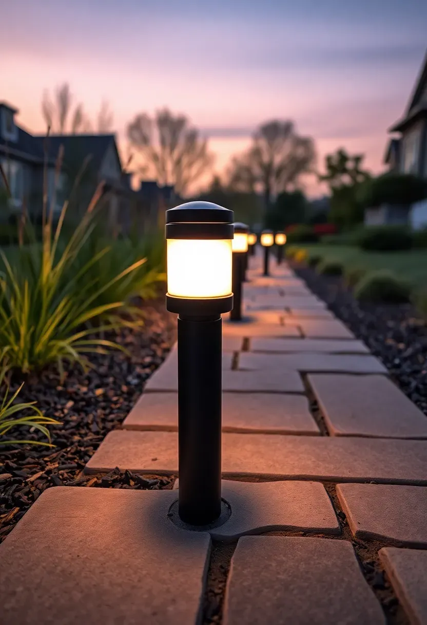 Modern low-voltage black metal path bollard lights lining both sides of a flagstone walkway through a garden at evening