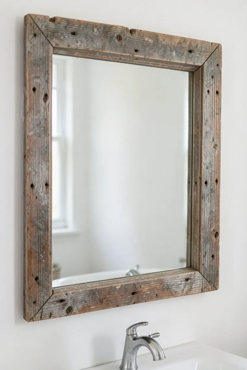 Distressed wood mirror frame above a white farmhouse vanity with wall sconces and warm lighting