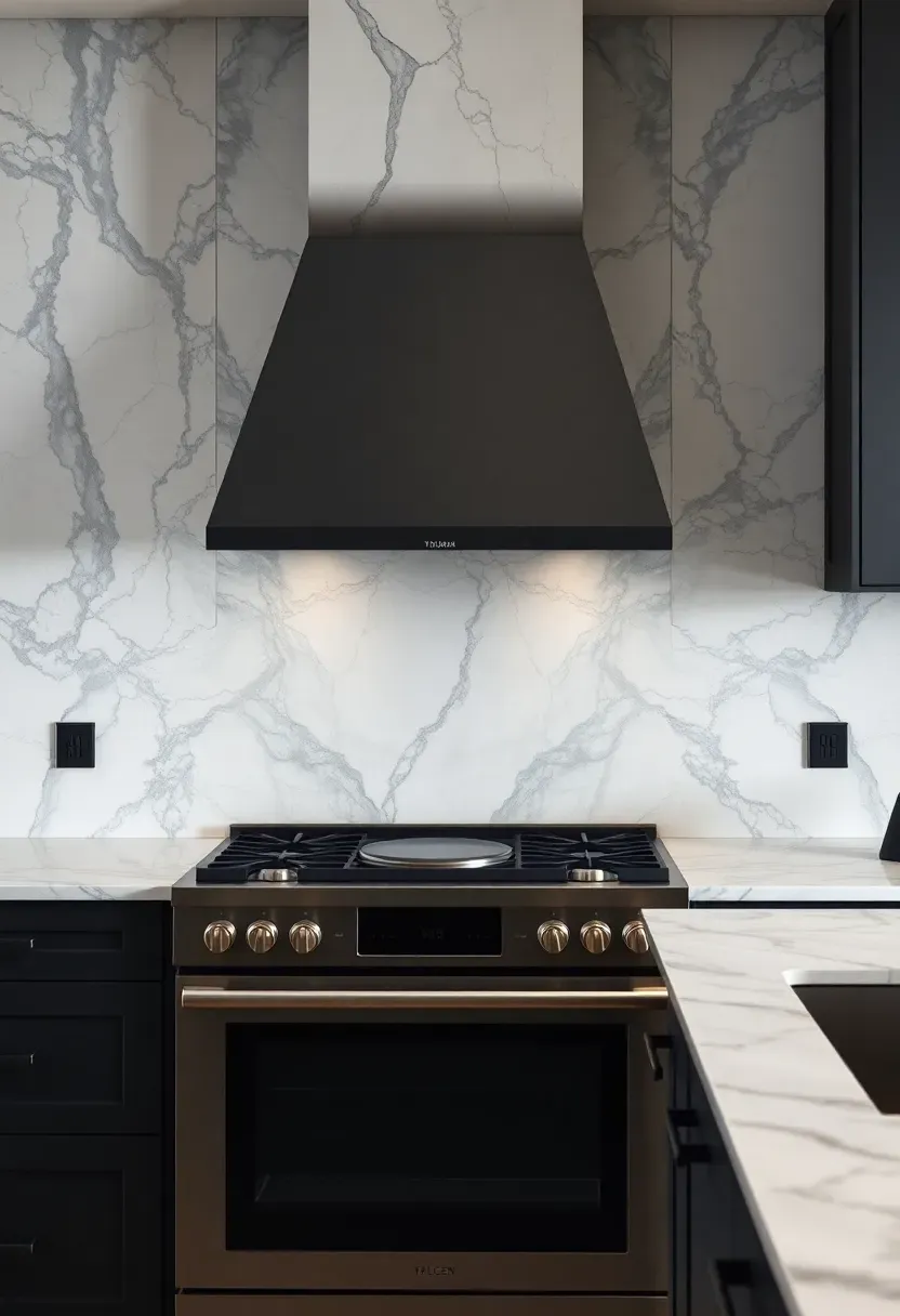 full-height Calacatta marble slab backsplash behind stove with matching countertops and black metal range hood