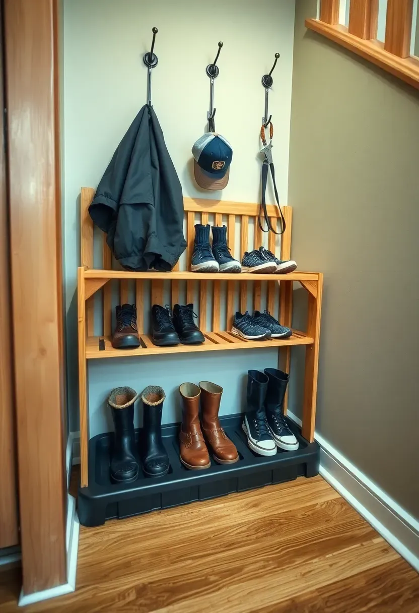 Boot and shoe storage station near basement stairs with a slatted wooden rack, boot tray, and wall hooks for coats