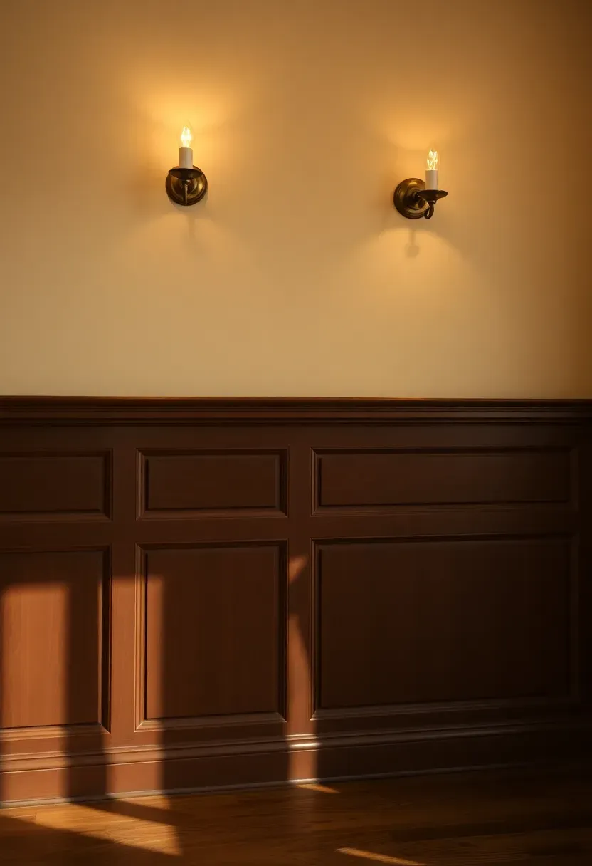elegant room with walnut shell brown painted wainscoting and cream upper walls with vintage sconces