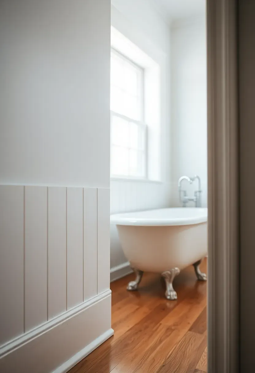 Primed finger-joint pine baseboard being installed in a bright bathroom with a window and clawfoot tub