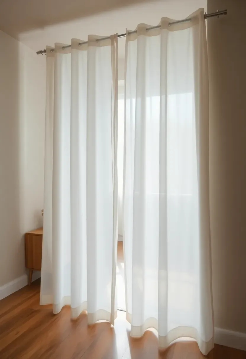 DIY fabric room divider using tension rods and sheer curtain panels to separate a teen study nook from sleeping area