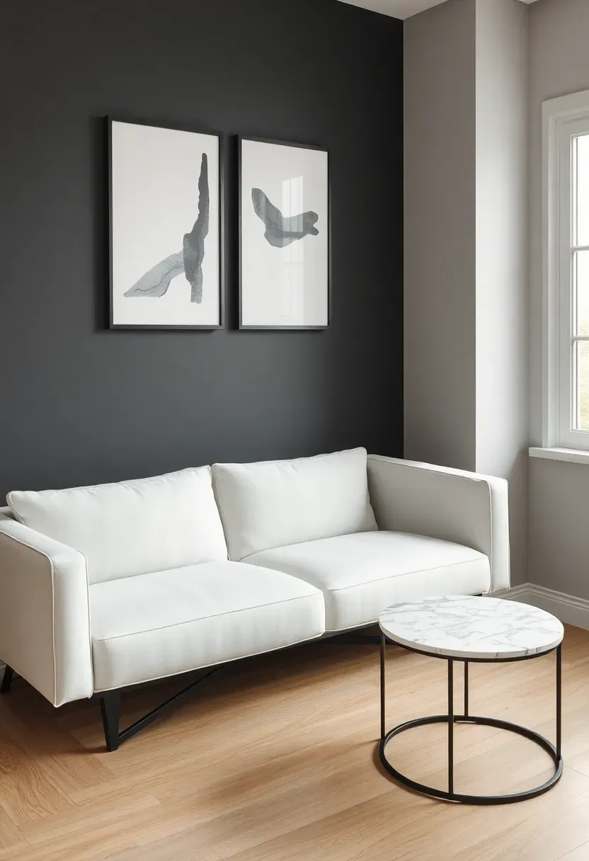 modern living room with charcoal gray accent wall behind a low-profile white sofa with abstract black and white art