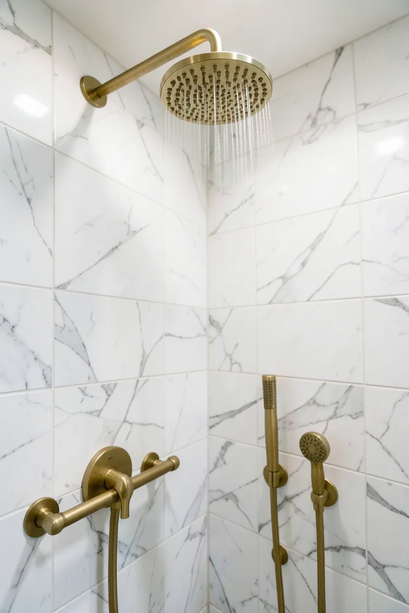 Large overhead rain shower head with handheld combo in chrome finish inside a marble-tiled elegant shower