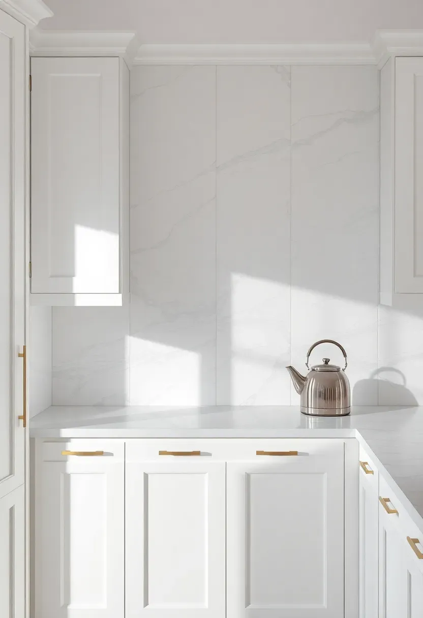 large format porcelain tile with marble veining pattern as backsplash in a white kitchen with minimal grout lines