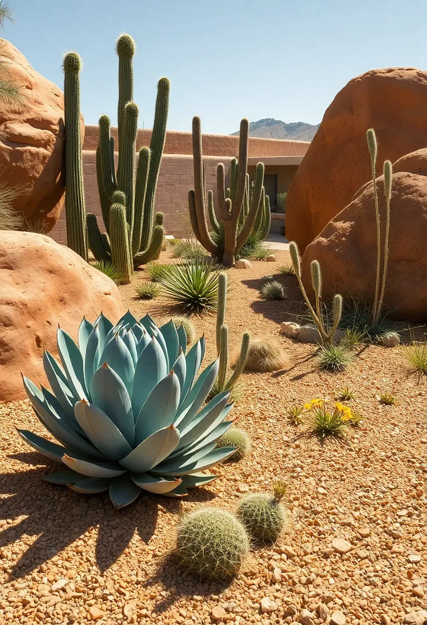 Southwestern desert backyard landscape with agave, prickly pear cactus, decomposed granite ground cover, and terracotta-colored boulders