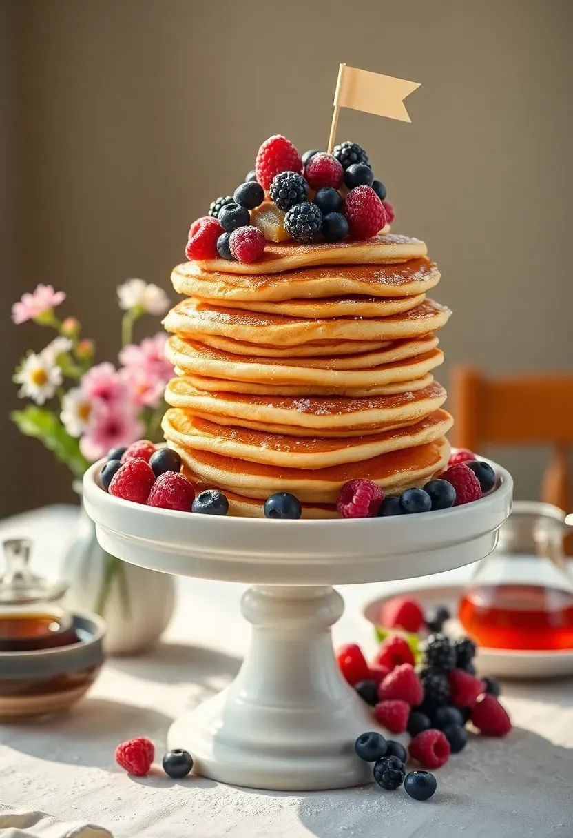 tall pancake stack centerpiece at baby shower brunch decorated with fresh berries powdered sugar and a small baby shower topper on a cake stand