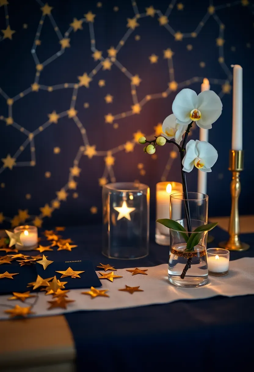 constellation star map baby shower decor with midnight navy backdrop, gold star garland, and lit glass terrarium