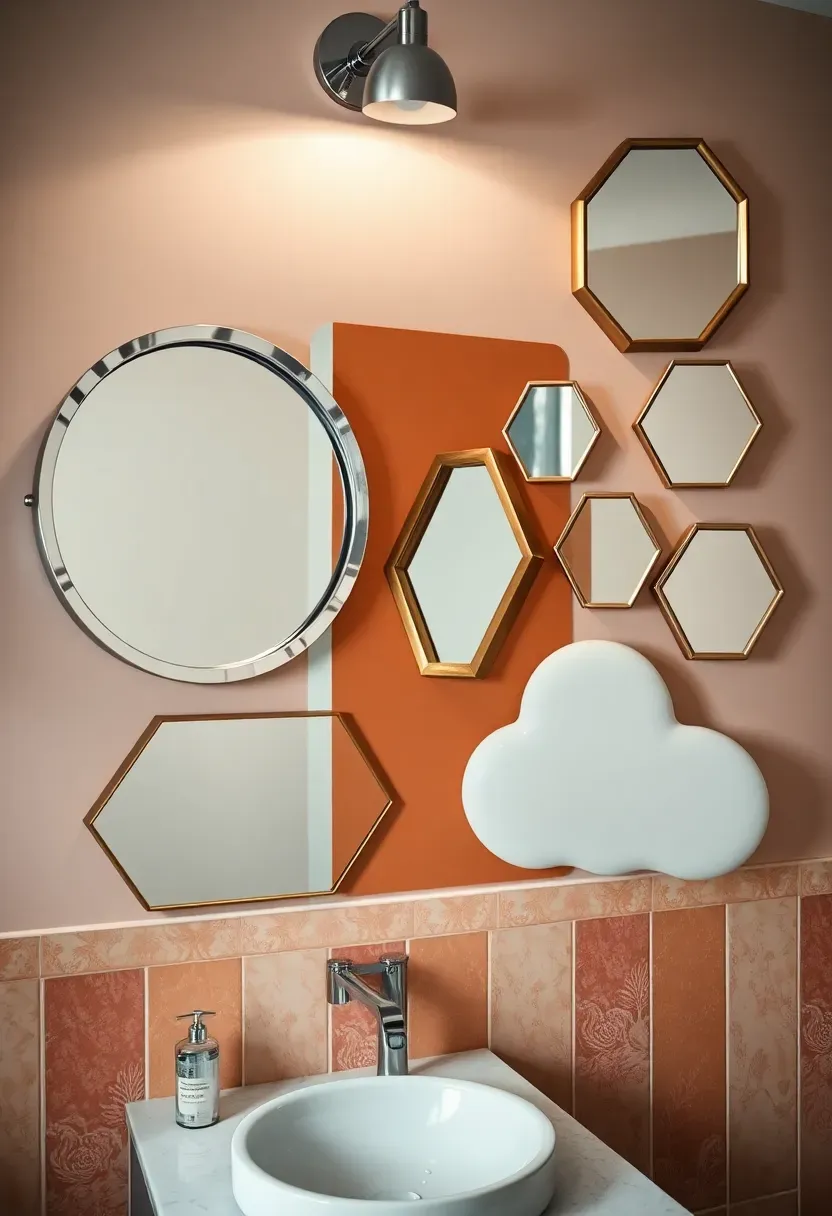 Creative bathroom with uniquely shaped mirrors in circles, hexagons, and other playful forms