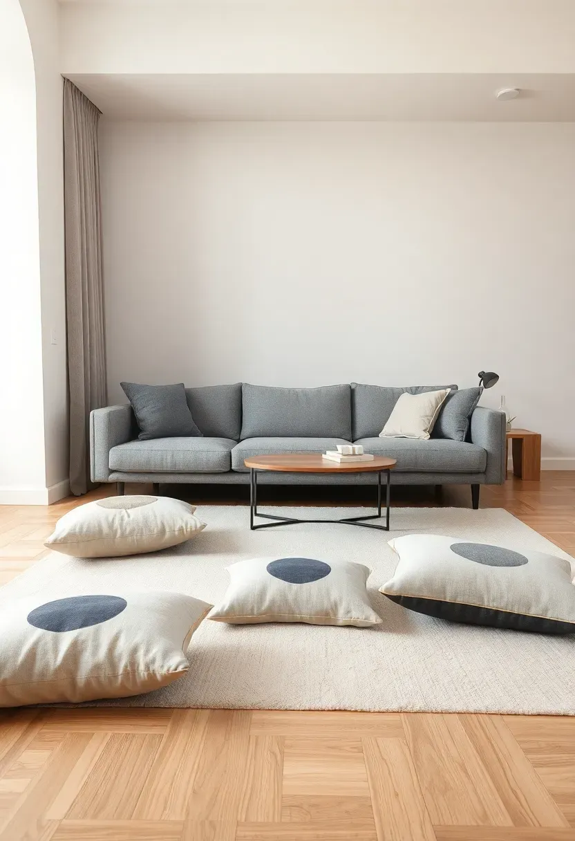 Hyper-realistic wide shot of minimalist living room with low-profile gray sofa, 3-4 floor cushions scattered nearby in complementary neutral tones, cushions feature geometric shapes, low coffee table, relaxed lounge atmosphere. Materials: medium gray upholstery fabric, linen floor cushions in cream and charcoal, light wood floor, white walls. Soft diffused natural light, casual minimalist mood with emphasis on relaxed living. Sharp details on fabric textures, composition showing low furniture profile and open space above, no text, no logos, no watermarks.</p>
