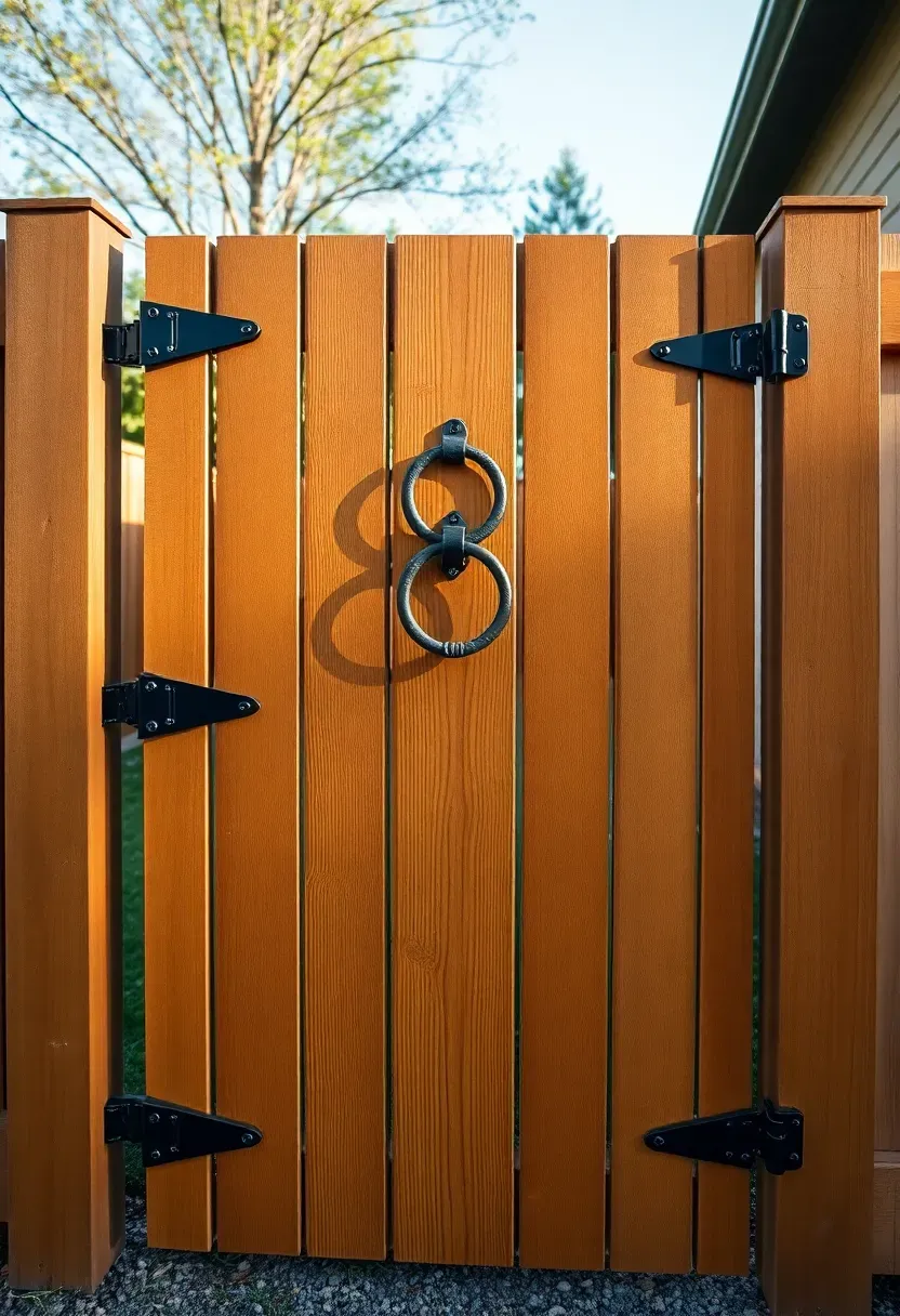 Board-on-board privacy gate with overlapping vertical cedar planks creating a shadow line pattern and a ring latch
