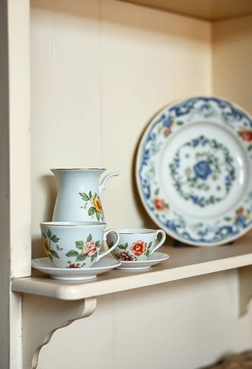 mismatched vintage china and ceramics on a cottage kitchen shelf