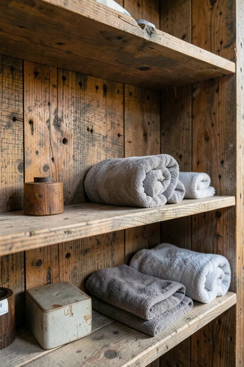 Reclaimed wood bathroom shelf with visible nail holes and weathered grain holding rolled towels and small terracotta plant