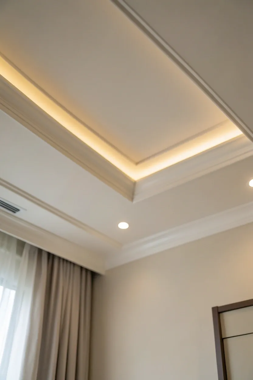 Coffered tray ceiling with warm LED cove lighting over a king bed in an elegant modern luxury bedroom