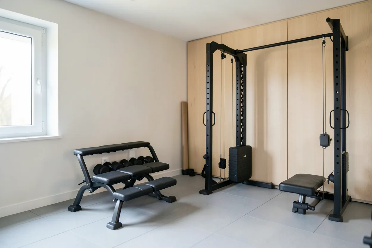 Small gym room layout in a bright apartment spare room with wall-mounted rack and rubber flooring