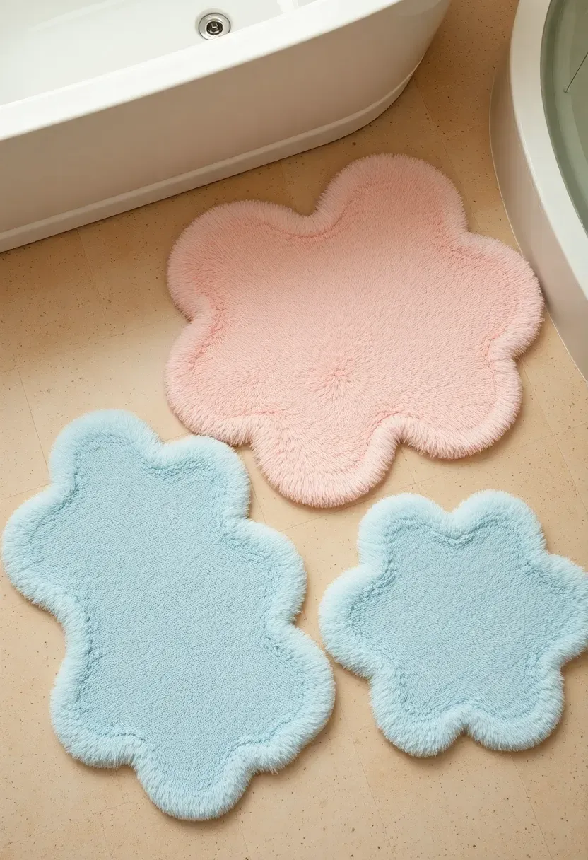Cloud-shaped bath mats in pastel cream, pink, and powder blue arranged near a shower in a small apartment bathroom