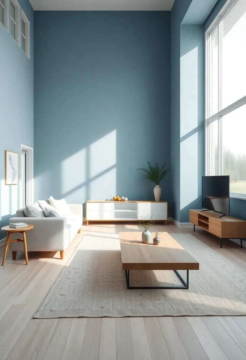 Hyper-realistic wide shot of a minimalist living room with sky blue walls, white sofa, light oak coffee table and media console, and cream wool area rug. Materials: matte sky blue paint with gray undertones, white linen upholstery, light oak wood, cream wool rug. Bright natural daylight from large windows, soft shadows, airy and spacious atmosphere with 10-foot ceiling. Clean composition with intentional negative space, sharp details on oak grain and linen texture, no clutter, no text, no logos.</p>