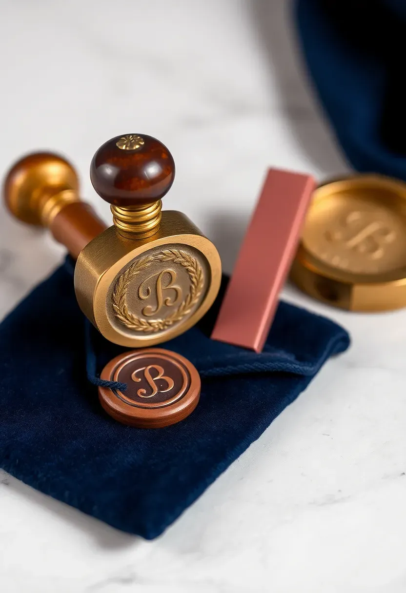 brass wax seal stamp with a floral initial design next to a stick of dusty rose sealing wax