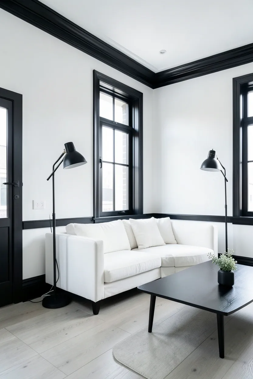 White apartment living room with matte black window frames, door trim, and baseboards adding crisp architectural contrast