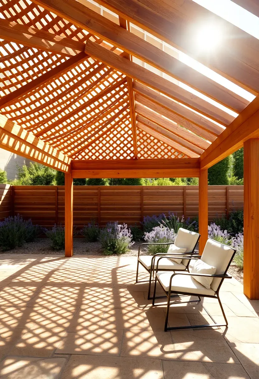 wooden lattice shade structure casting geometric shadow patterns on a patio