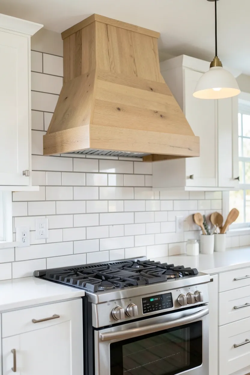 Natural wood range hood above a tiled backsplash with warm oak tones balancing cool tile and stainless steel in kitchen