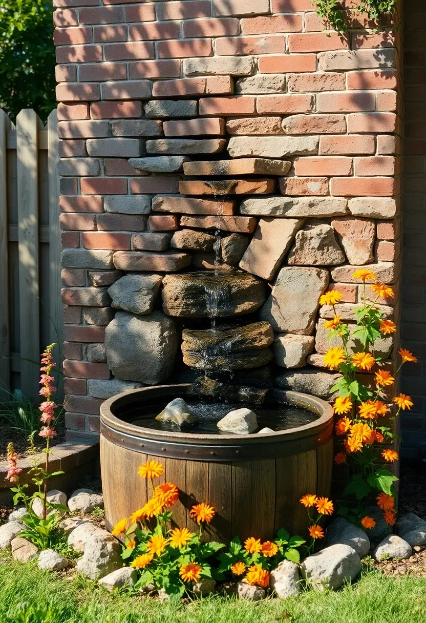 DIY reclaimed-material waterfall with stacked old brick and salvaged river stone cascading into a recycled half-barrel, surrounded by self-seeded foxgloves and nasturtiums
