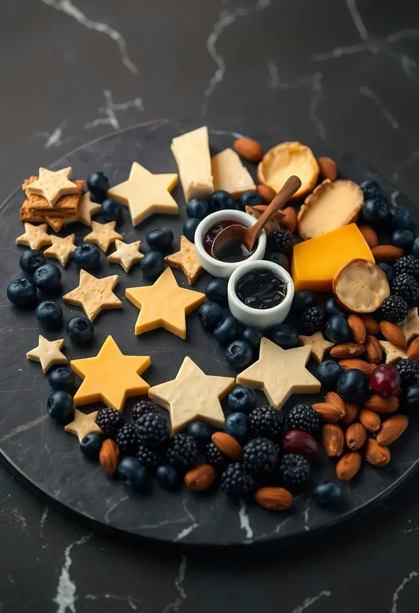 constellation themed cheese board with dark marble slab, star-shaped cheese cutouts, blueberries, crackers, and small star labels