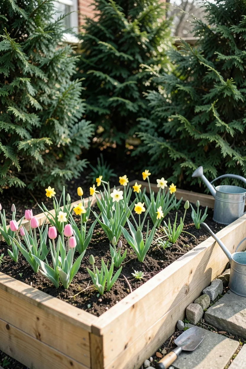 Hyper-realistic eye-level photograph of a backyard seasonal planting bed. Raised cedar bed containing layered plantings with tulips and daffodils emerging in early spring. Background shows mature evergreen shrubs providing year-round structure. Small stone edging defines the bed. Garden tools including trowel and watering can positioned nearby. Morning spring light with soft shadows. Materials: cedar, natural stone, early spring bulbs. Garden awakening mood. Shallow depth of field, focus on emerging blooms and texture. No text, no logos, no watermarks.</p>