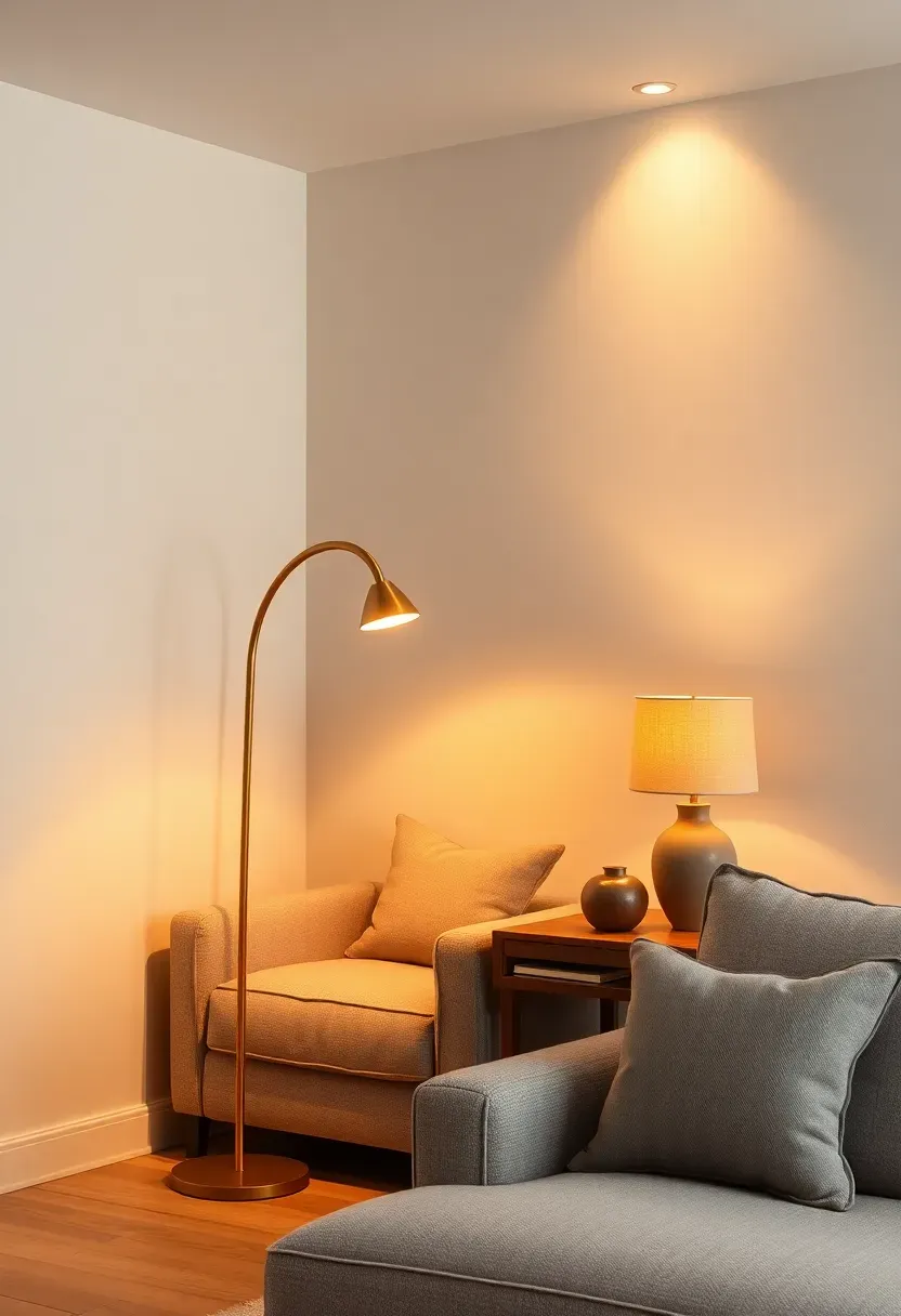 Luxurious master bedroom with warm bedside table lamps, dimmed overhead light, and soft backlit accent wall creating layered lighting atmosphere
