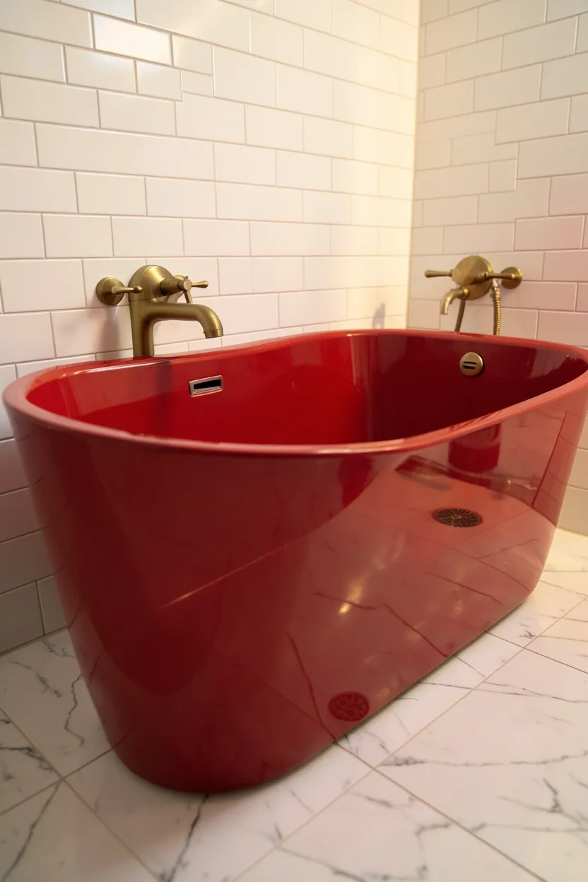 Red Freestanding Tub with Brass Fixtures
