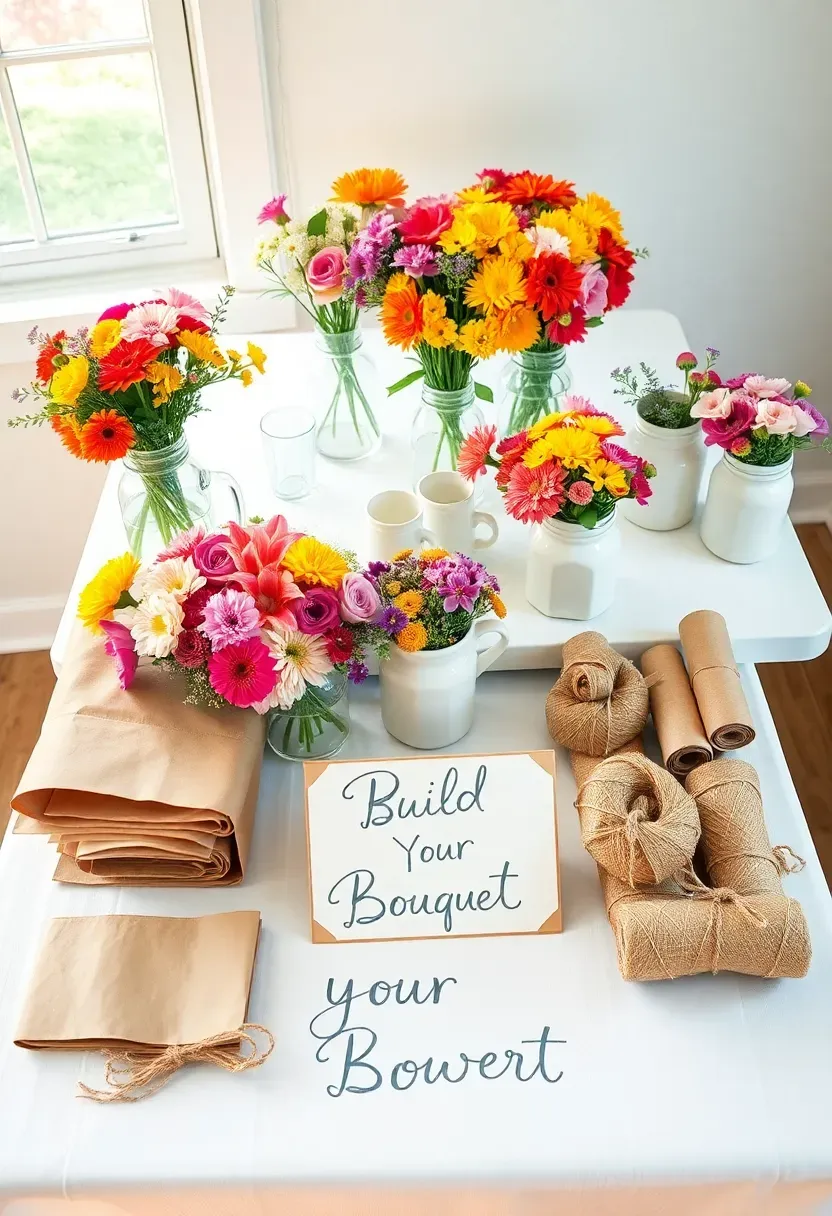 Budget-friendly flower bar using grocery store flowers in colorful buckets with wrapping paper and ribbon for guests to make bouquets