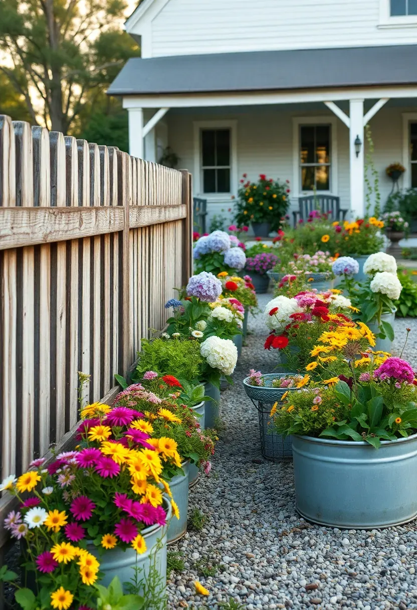 Hyper-realistic 3/4 view of a rustic country front yard garden with picket fence, galvanized trough planters, overflowing annuals, hydrangeas, and wildflowers along gravel pathway near farmhouse porch. Materials: weathered wood fence, galvanized metal, abundant mixed blooms, loose gravel. Golden hour warm light, cottage-style color explosion. Informal, abundantly planted layout. Visible white farmhouse with wraparound porch. No text, no logos, no watermarks.</p>