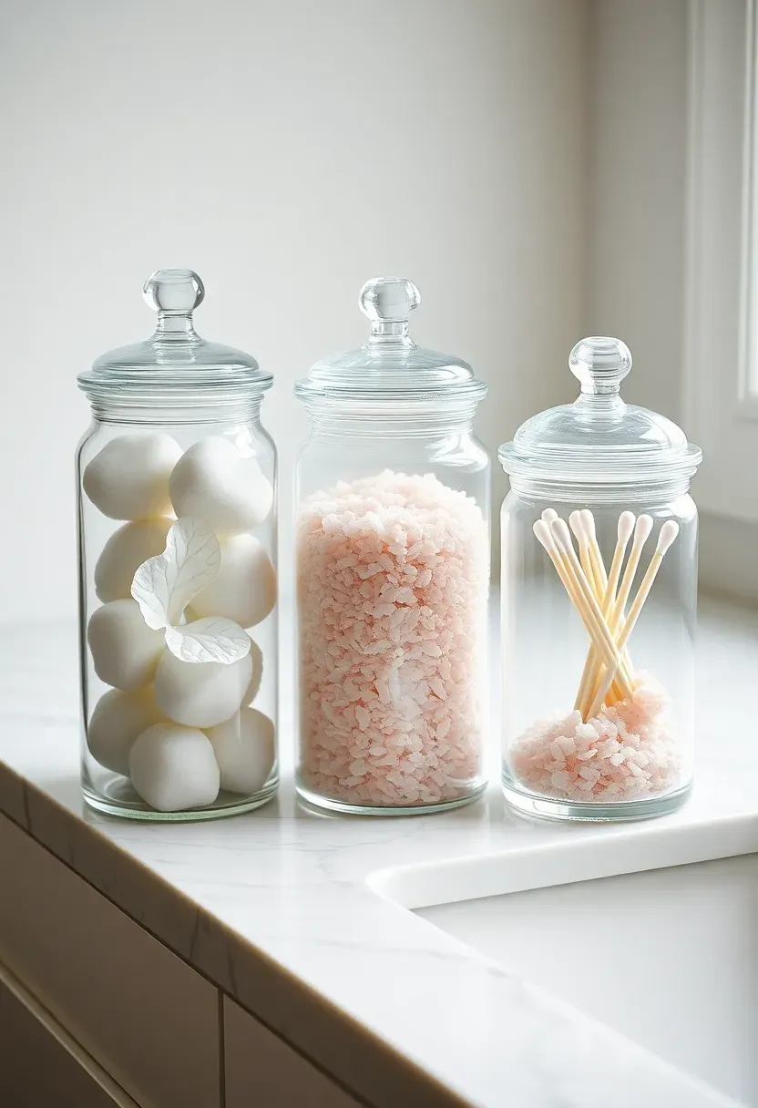 Clear glass apothecary jars in three sizes on a marble bathroom countertop holding cotton balls, bath salts, and cotton swabs