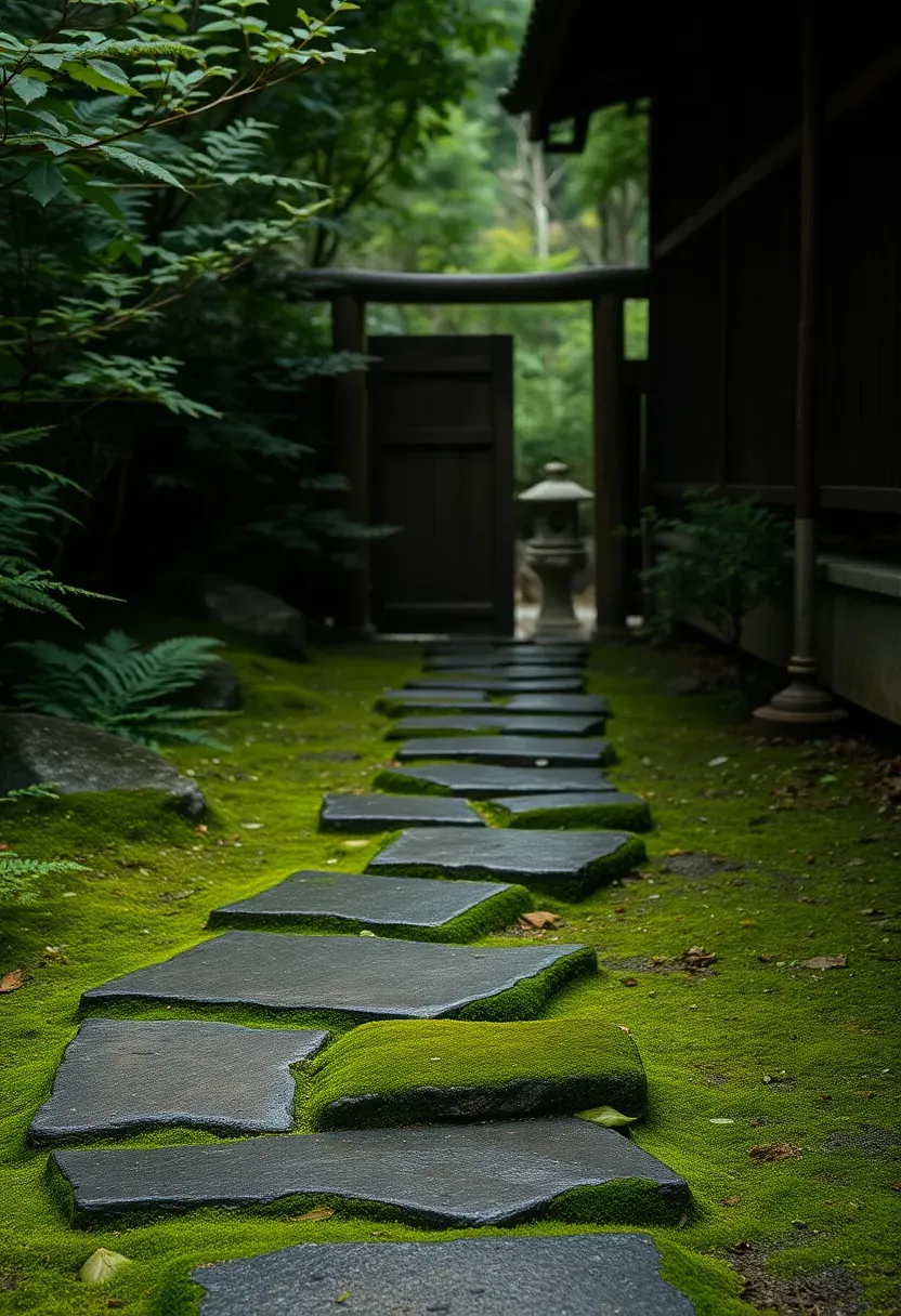 Traditional roji tea garden path with mossy irregular stepping stones, dewy ferns, a simple stone lantern, and a rustic timber gate leading to a tea house