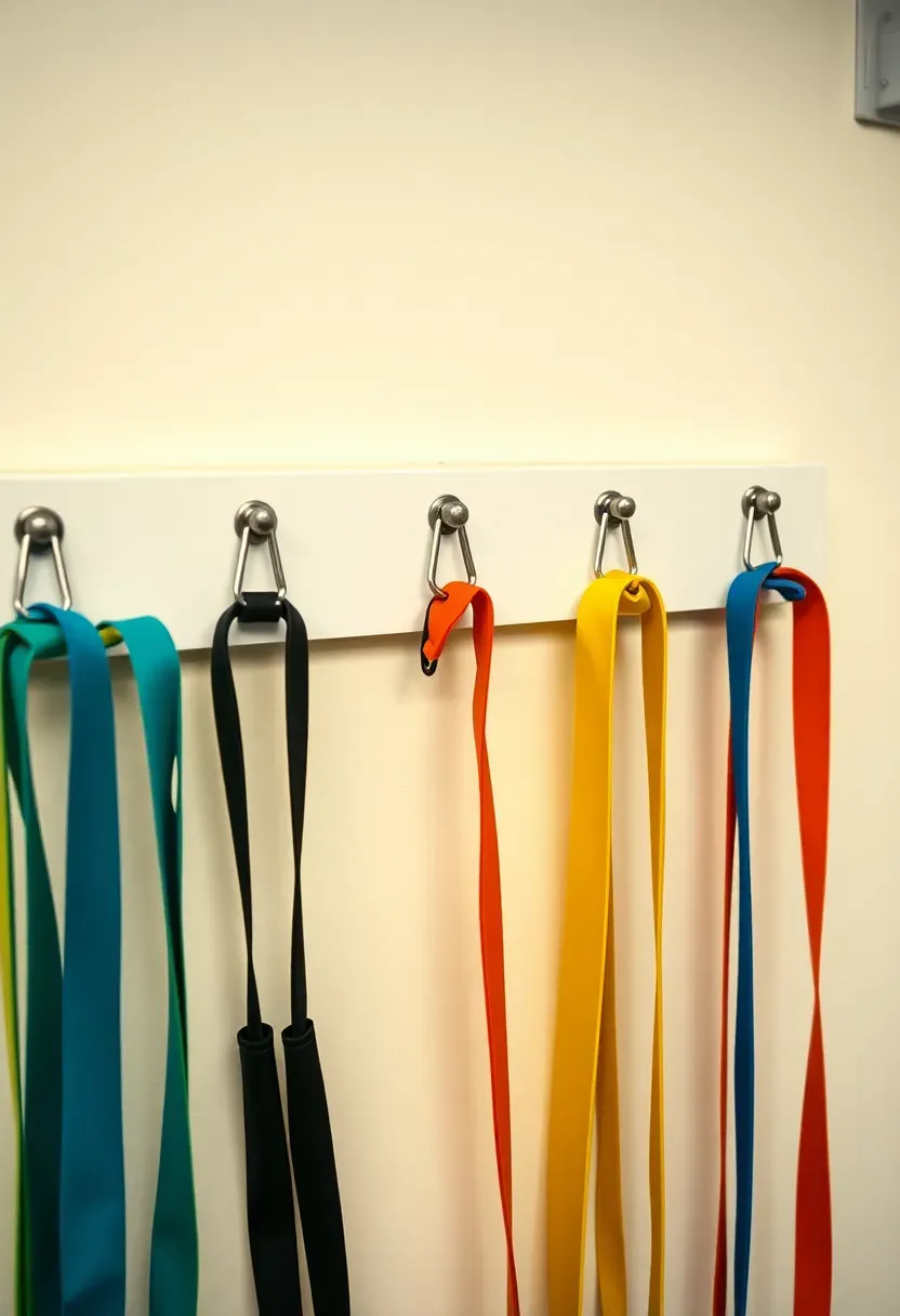 Resistance band wall hangers with pegs holding color-coded bands by resistance level in an organized home gym corner