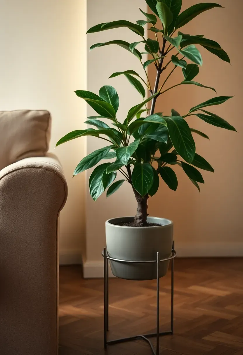 Plant stand with rubber tree and pot