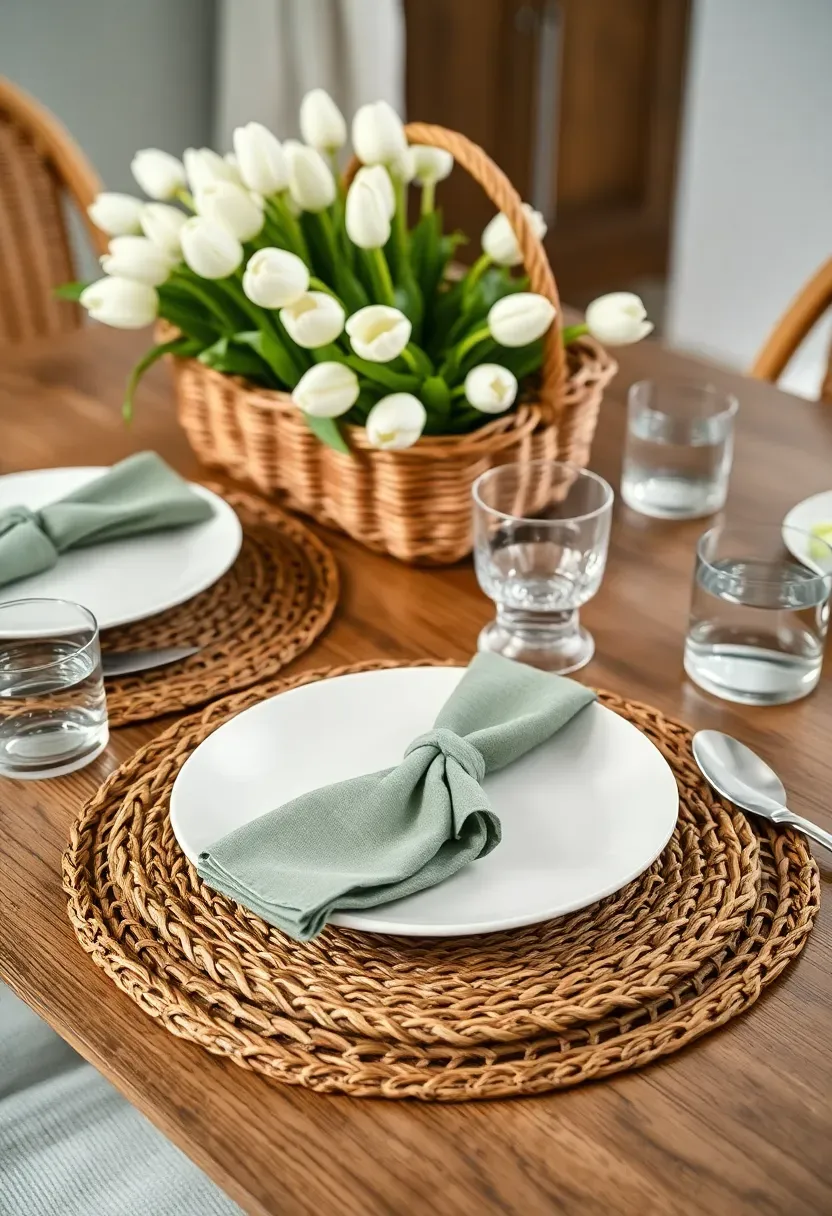 Easter table setting with wicker charger plates natural textures and spring tulips