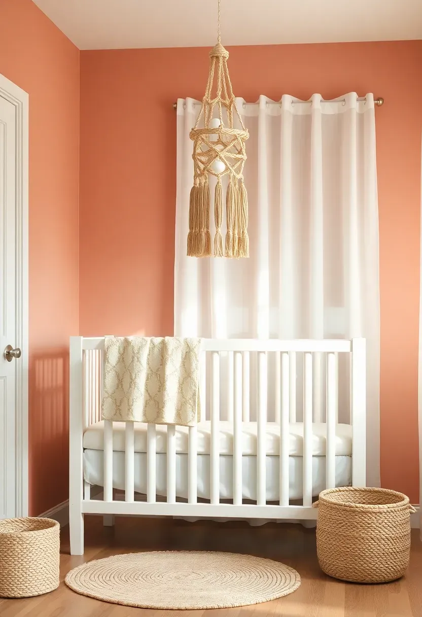 bright nursery with faded coral painted walls and a white crib and woven mobile