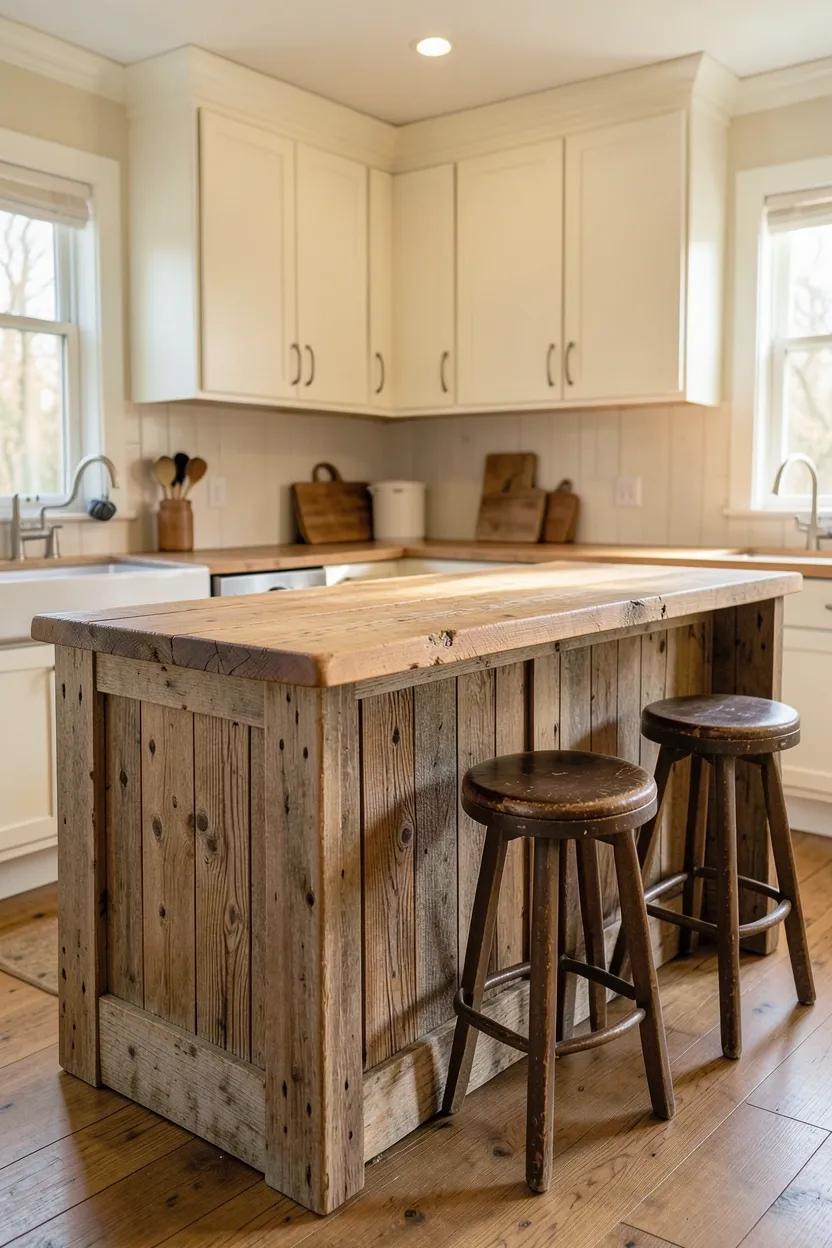 Reclaimed wood kitchen island with aged patina, open storage below, and bar seating in a rustic farmhouse kitchen